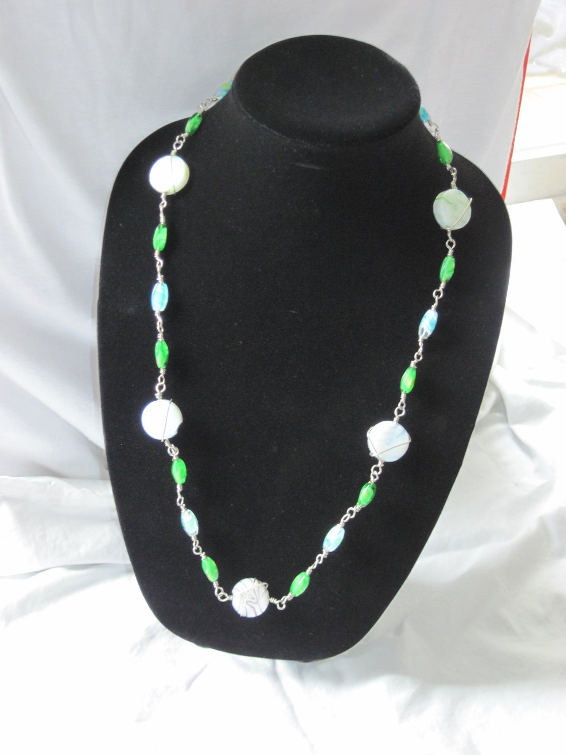 Silver Wire Wrapped Blue and Green Swirled Necklace