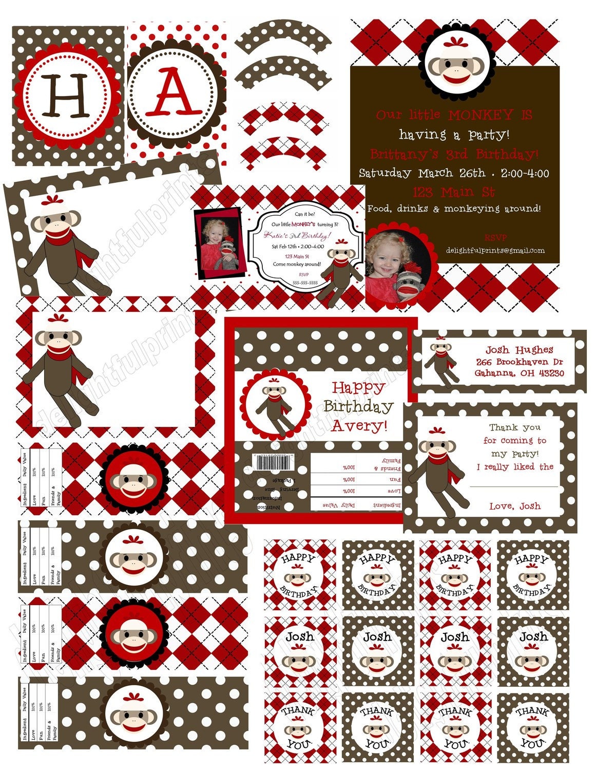 Sock Monkey party supplies complete party package printable with customization NO invite by delightfulprints Il_570xn