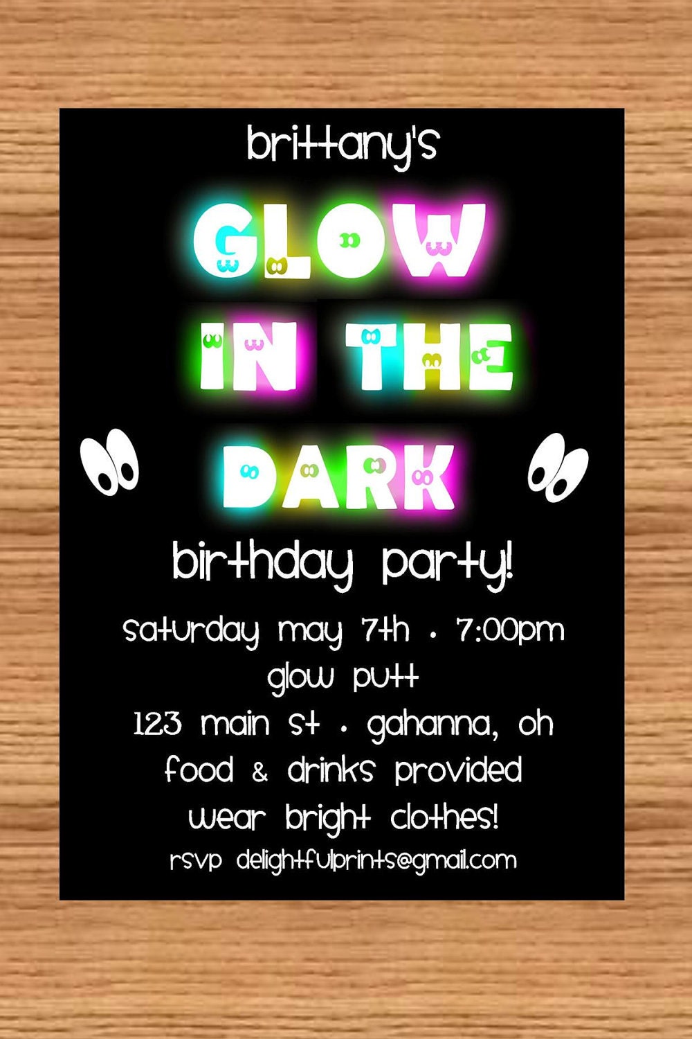 Glow in the dark birthday invitationDIY by delightfulprints