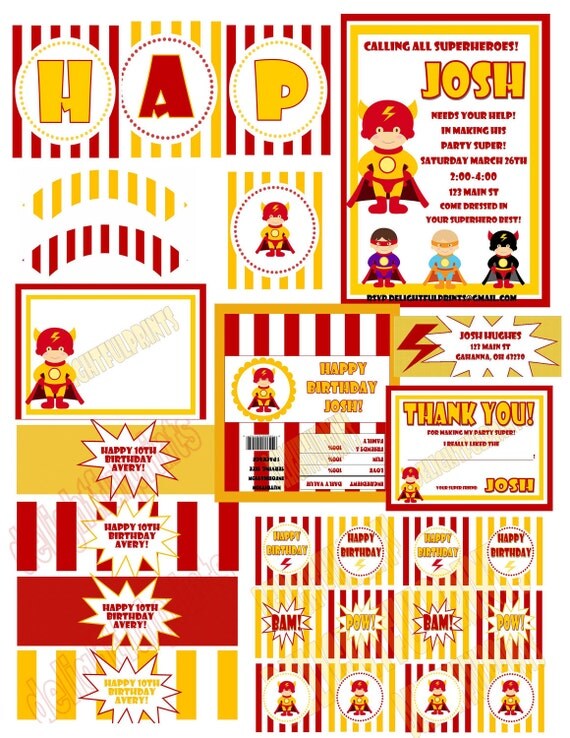Super Hero party any color complete party package printable with personalization NO invite by delightfulprints Il_570xn