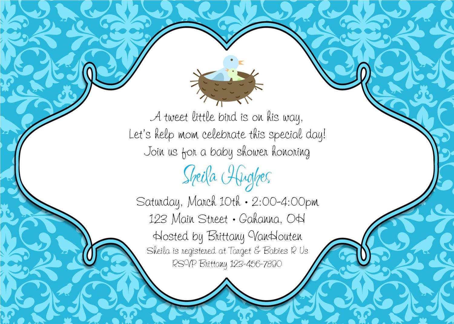 Baby bird damask Baby shower invitation boy/girl you print custom digital photo card by delightfulprints Il_570xn