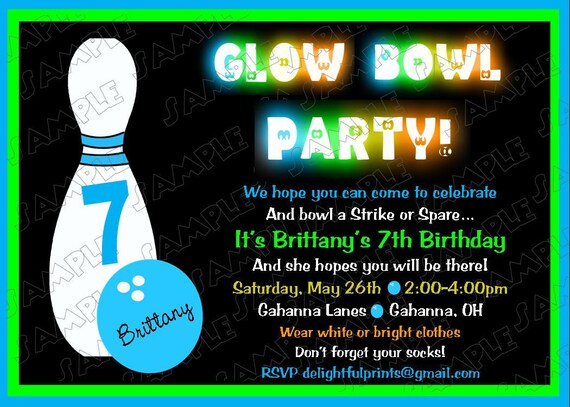 Glow in the dark bowling birthday invitation ...DIY you print custom photo card by delightfulprints Il_570xn