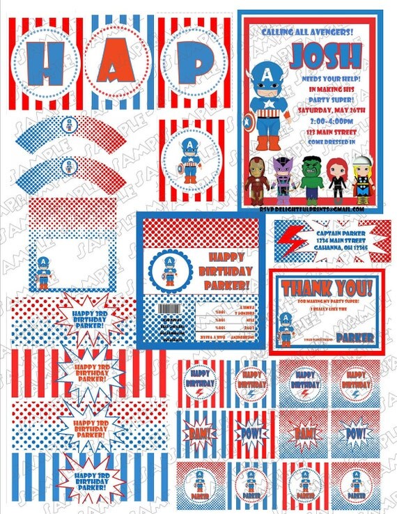 Captain America Avengers party complete party package printable with personalization by delightfulprints Il_570xn