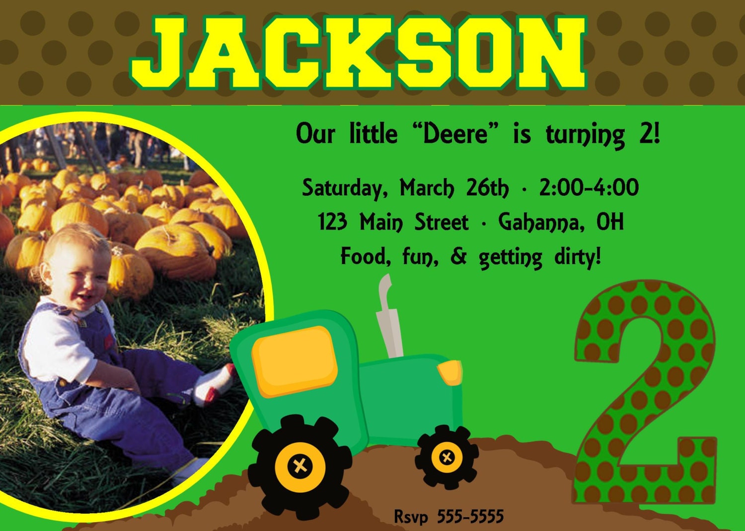 John Deere tractor birthday invitation or shower...DIY you print custom photo card by delightfulprints