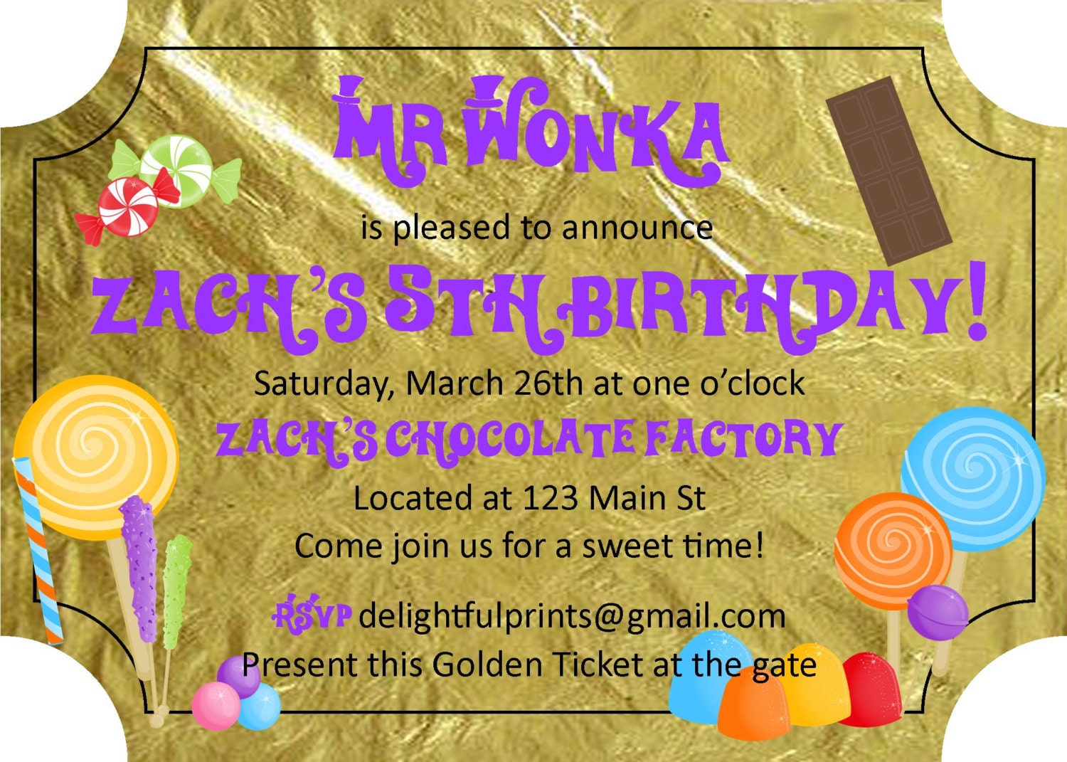 Willy Wonka Golden Ticket inspired birthday invitation Any color...DIY you print custom photo card by delightfulprints