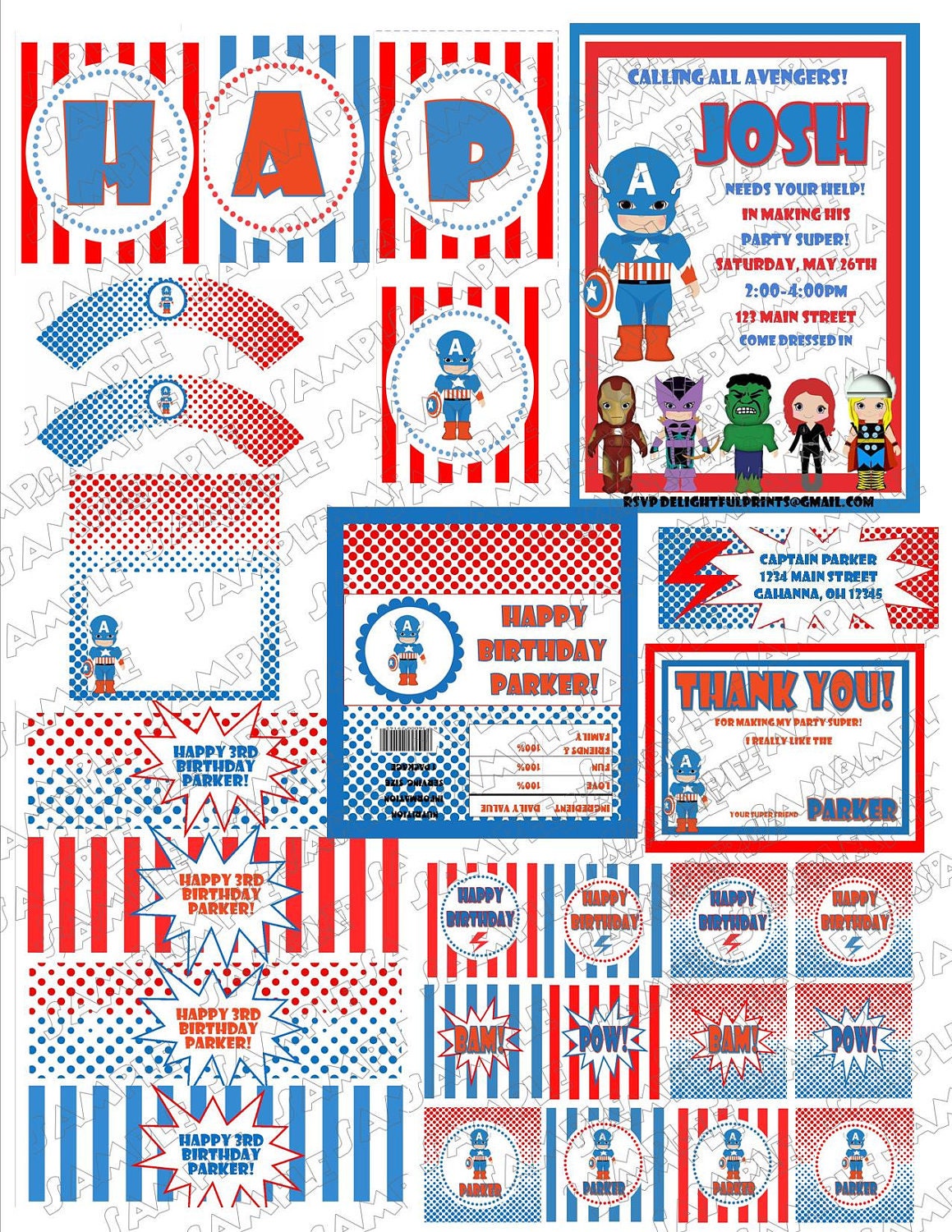 Captain America Avengers party complete party package printable with personalization by delightfulprints