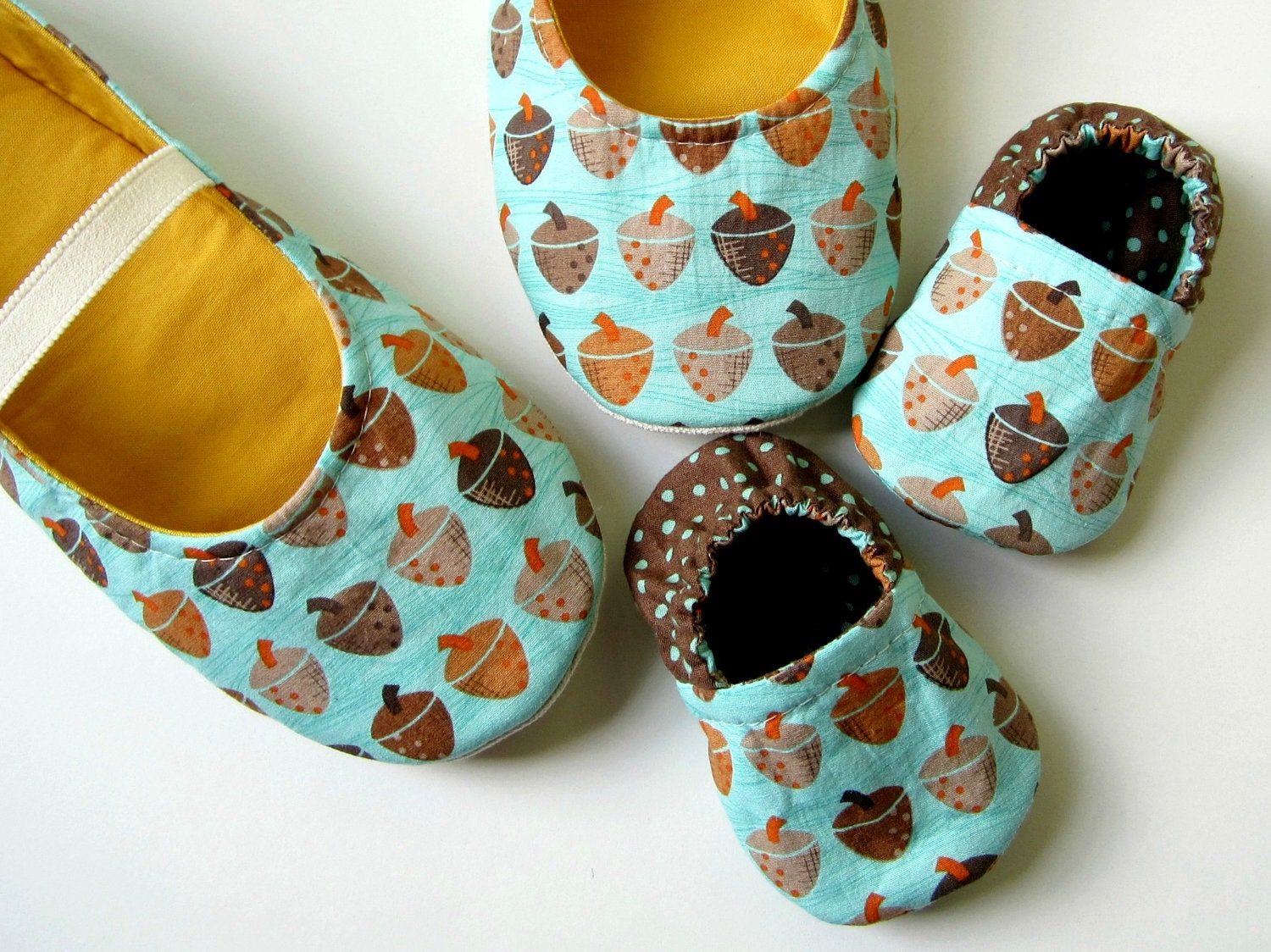 Mom and Baby Slipper Set - Molipop Slippers in Teal, Brown, Orange, and Curry with Acorns