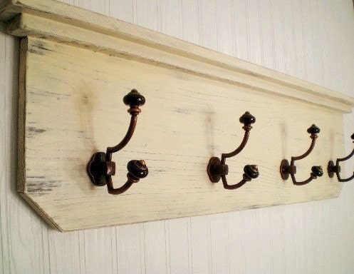 Ready to ship-Distressed Primitive Wood Coat Hanger Shelf Cast Iron Hooks Shabby Chic / French Country-BUTTERCREAM