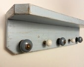 JEWELRY HANGER-Primitive Aged Shabby Chic Rustic Handmade Wood Shelf with 5 ceramic knobs-Powder Blue