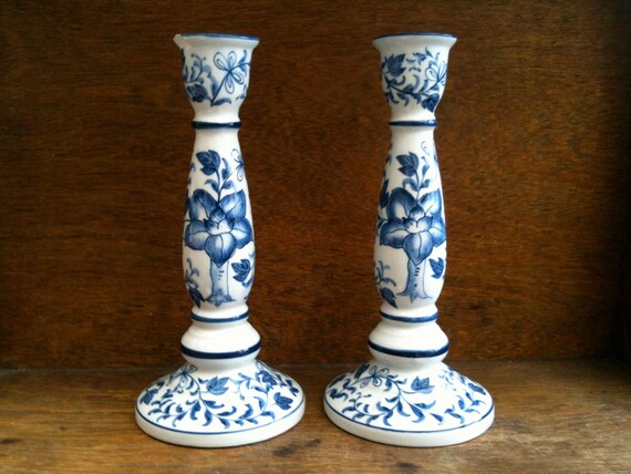 Vintage Blue and White Candlesticks Pair of 2 / by