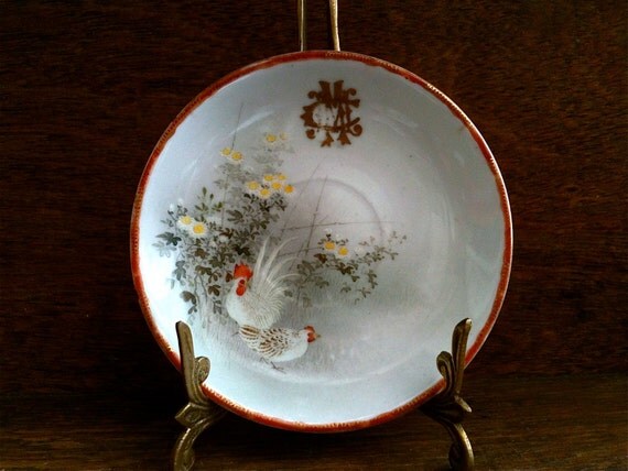 Vintage English Asian Style Saucer, with Chicken Cock & Monogram