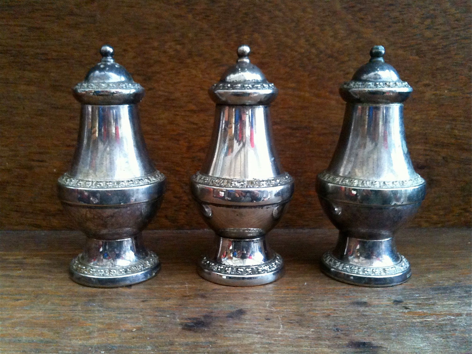 Vintage English Silver Salt and Pepper Shakers, Set of 3