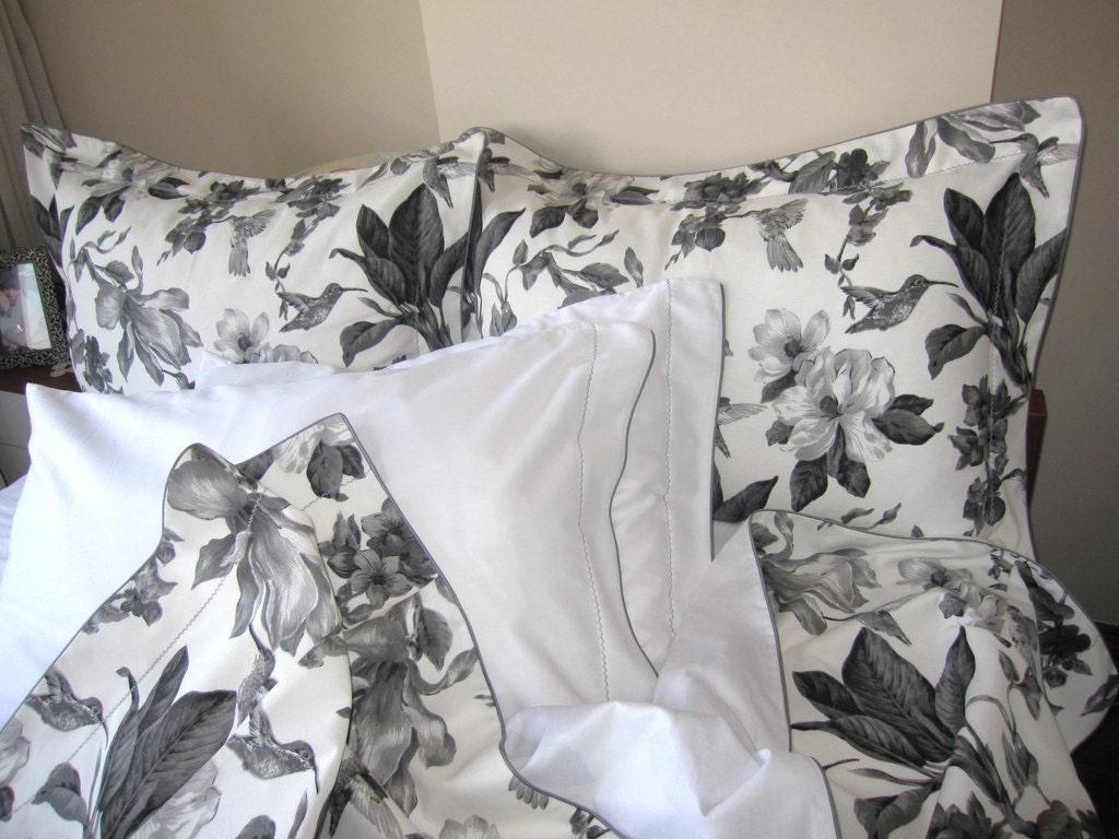 Turkey duck linen Bedding Set Duvet cover Floral bird print Flange oxford style PASTEL 6 pcs Queen size white gray black cottage
