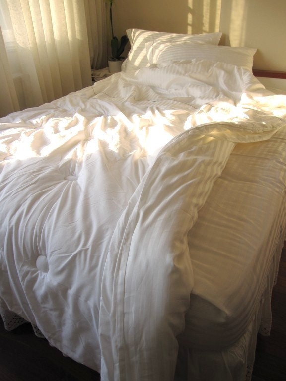 White bed queen sheet sets one fitted one flat loose sheet 2 pillow cases-comforter cover-cotton jacquard stripe made to order size