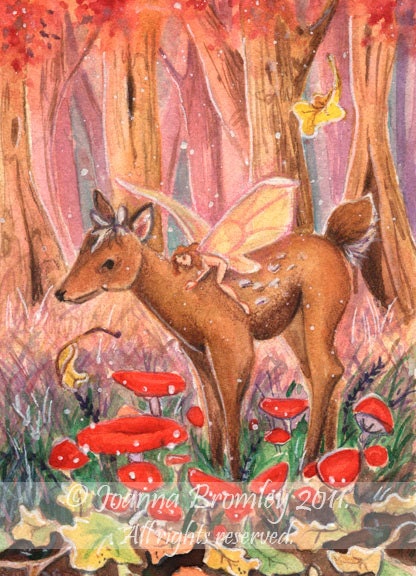 Fawn in Faery RIng, ACEO - original watercolour fairy fantasy painting 3.5x2.5"