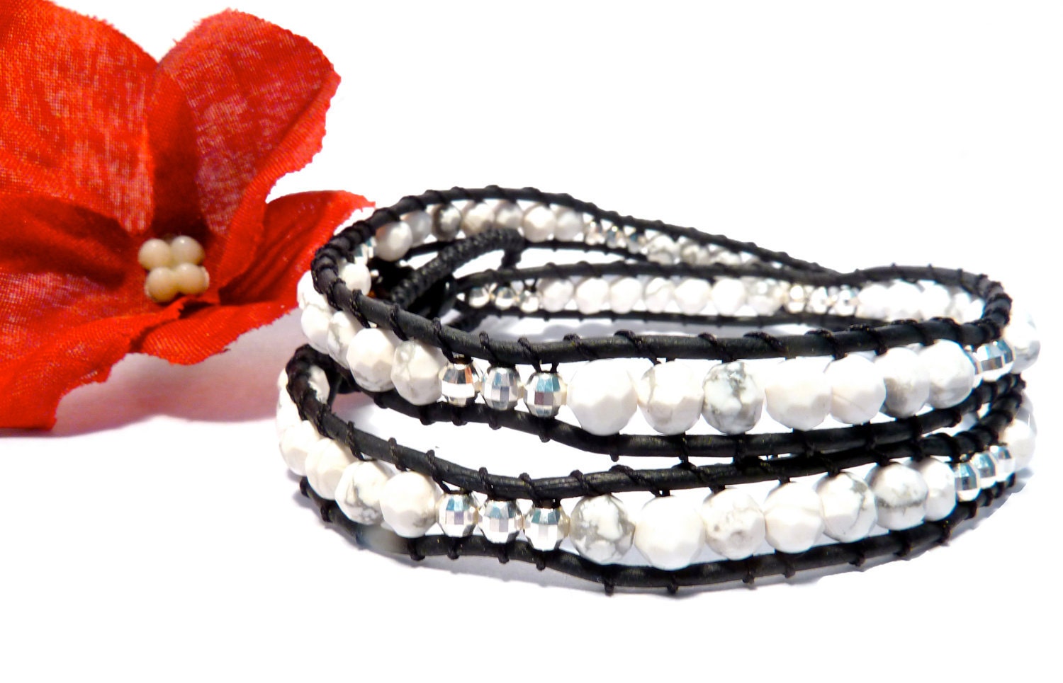 Chan Luu Style Leather Wrap Bracelet, Sterling Silver, Howlite Gemstone, White Wrap Bracelet, Beaded Bracelet- Jewelry by Leandra
