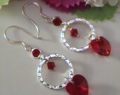 Red heart Swarovski crystal and Sterling silver dangle earrings - Siam color - free shipping to CANADA and USA