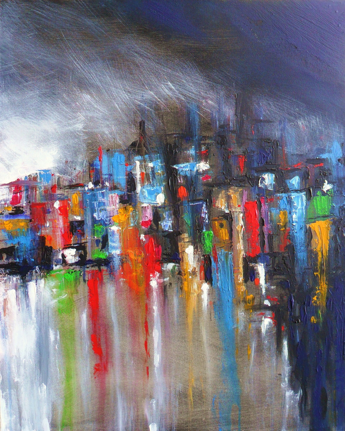 City Abstract Original painting Night time Cityscape Wall art - Reflections - Artist Skye Taylor
