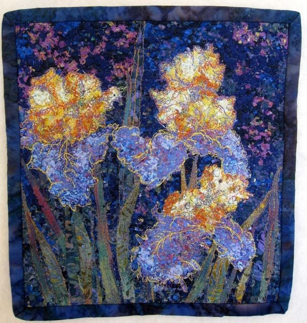 Art Quilt, Iris Wall Hanging, Purple and Gold Flowers
