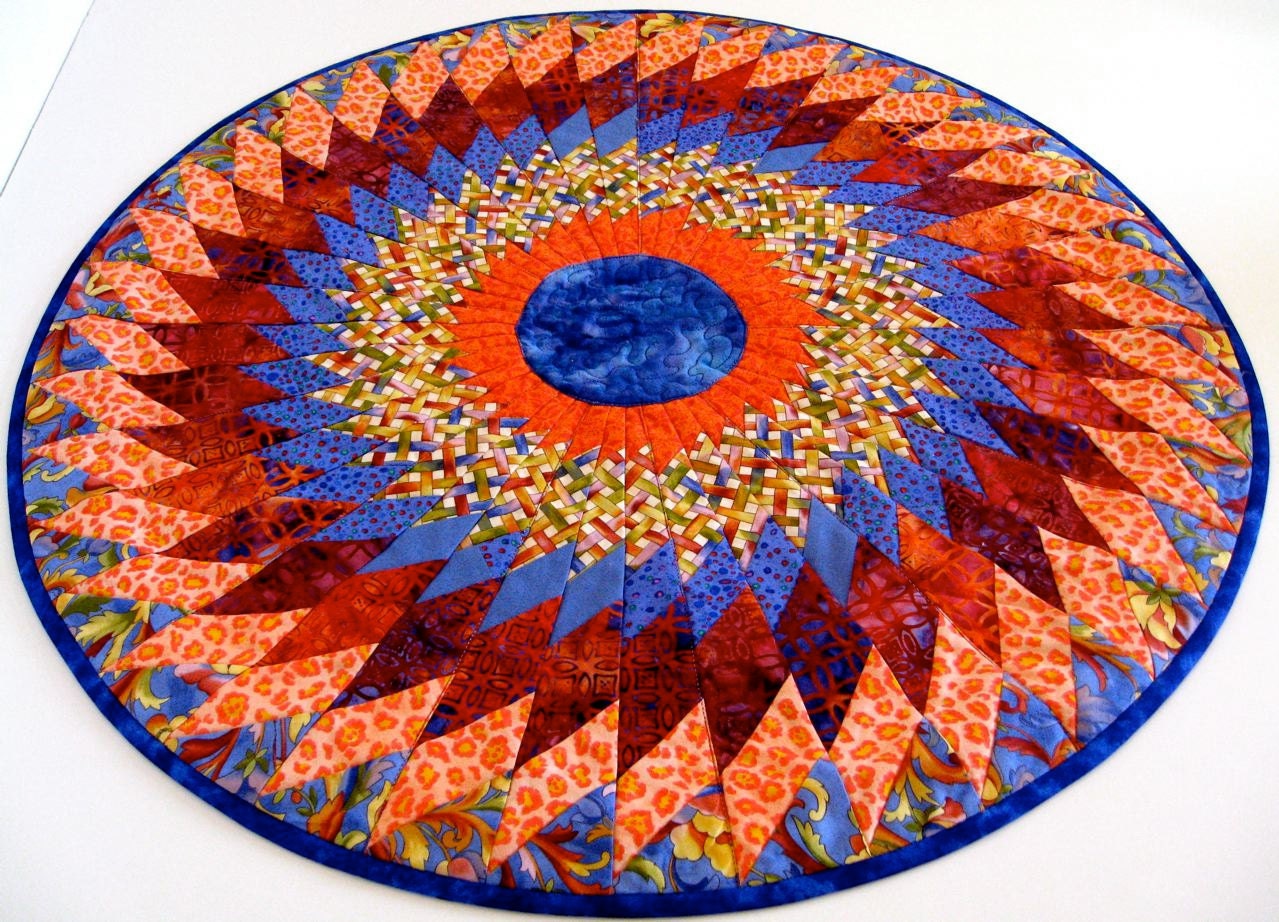 Quilted Table Topper, Medallion, Tangerine and Electric Blue