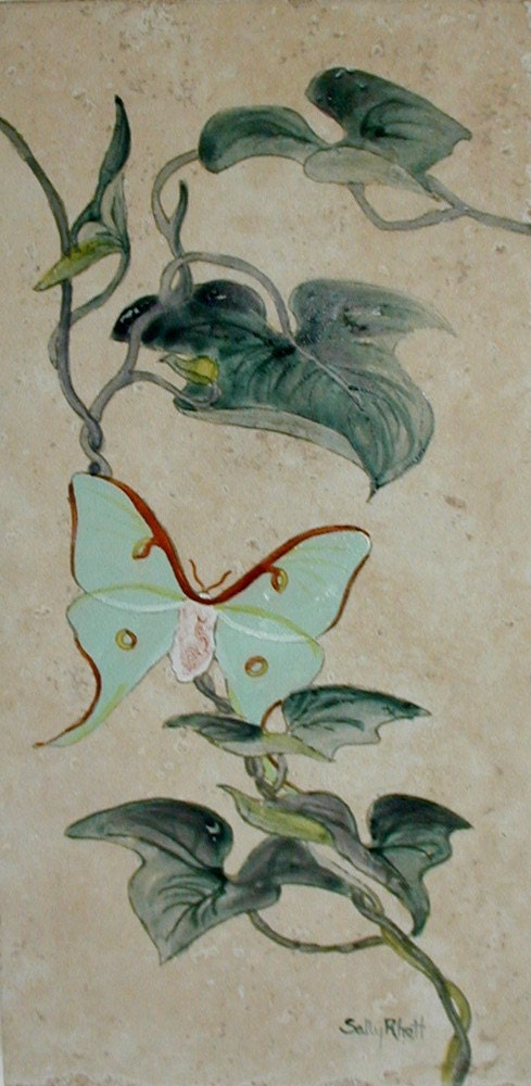 Luna Moth & Morning Glory 6"x12.5" Handpainted Fine Art Fired Ceramic Tile Home Decor Art Tile Still Life Outdoors and Garden Decor