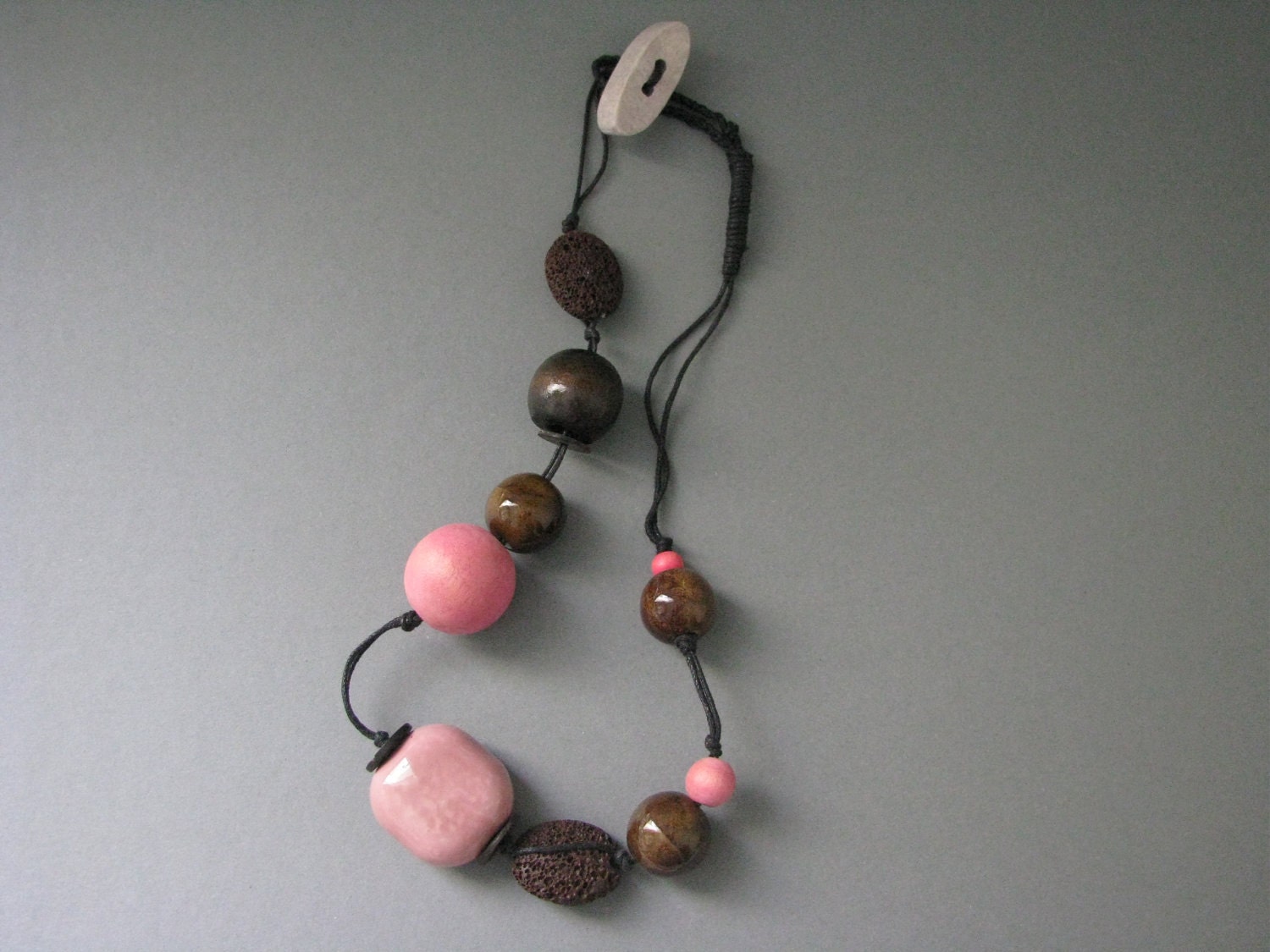 beaded necklace - mauve and chocolate brown tones - cotton thread - free shipping
