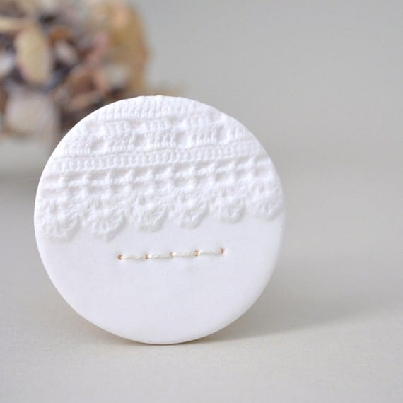 brooch with stitches - brooch WHITE NOISE series lace imprint - wedding brooch - white textured brooch