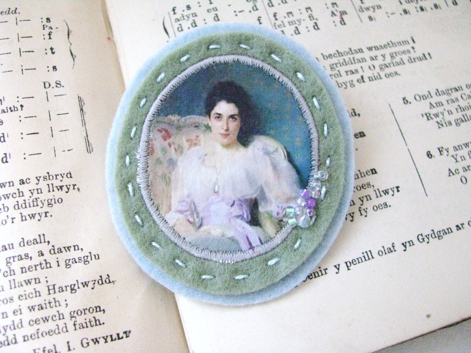 genre painting brooch - pale blue seafoam brooch with portrait - cameo style - lovely lady - free shipping