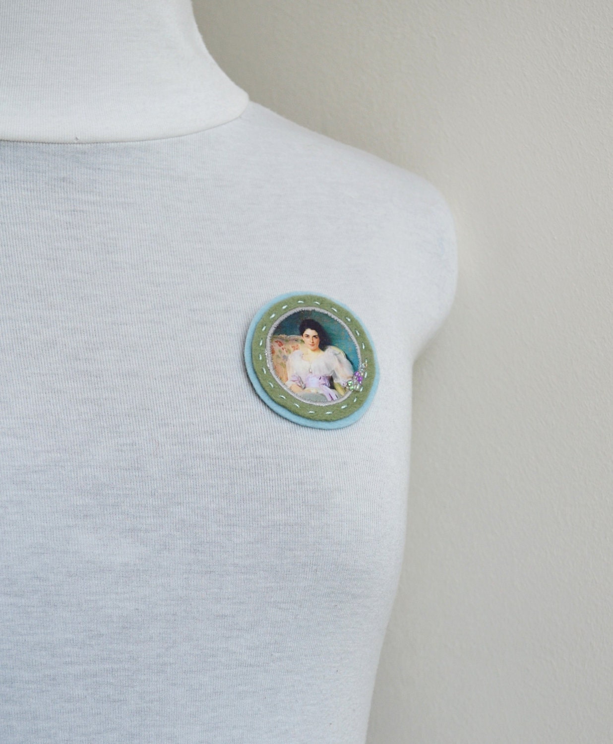 pale blue seafoam brooch with portrait - cameo style - lovely lady - free shipping