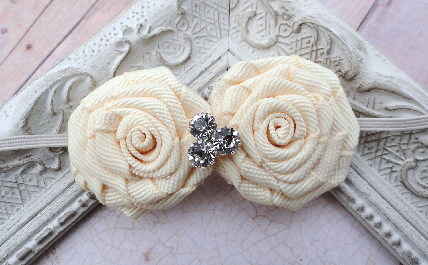 Ivory Baby Headband Flower Rose Rosette on Skinny Elastic 