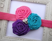Baby Headband Flower Rose Rosette with Rhinestone Center Turquoise, Purple and Pink