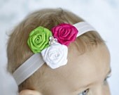 Baby Headband Flower Rose Rosette with Rhinestone Center Hot Pink, Apple Green, White