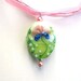 Jewelry Spring Necklace Handmade Pastel Flower Lampwork Focal Bead Pendant, Pink and Green Glass Pearl Accents On A Pink Organza Ribbon.