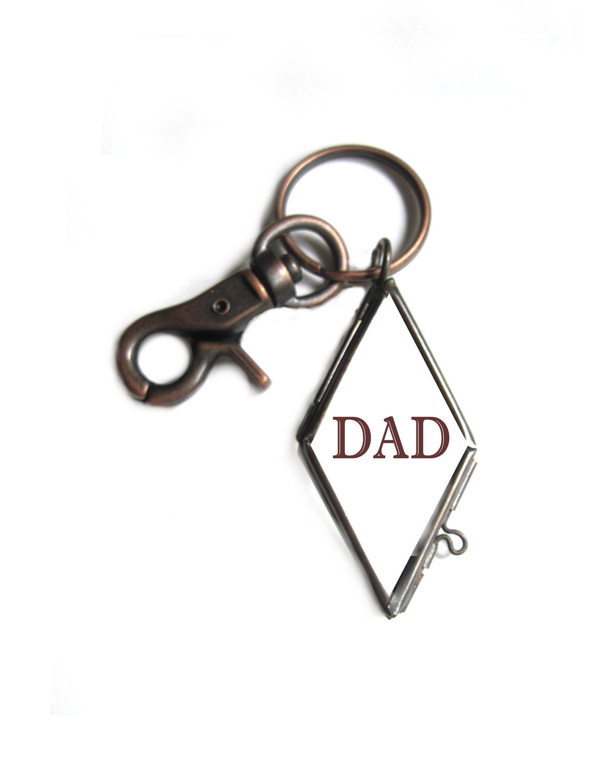 Father's Day Keychain Antique Copper,  Man's Keychain With Strong Trigger Snap Clasp, Swivel Hook, And Diamond Shape Glass Locket, DAD