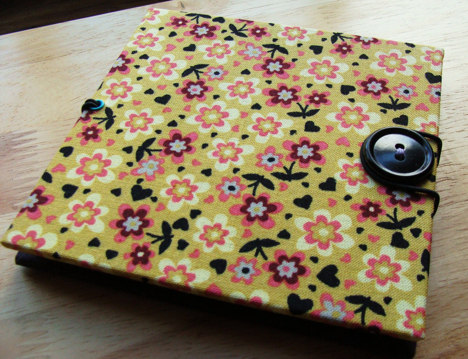 Small Accordion Book/ photo album/ brag book/ mini scrap book in Yellow Flowers, Hearts & Purple fabric