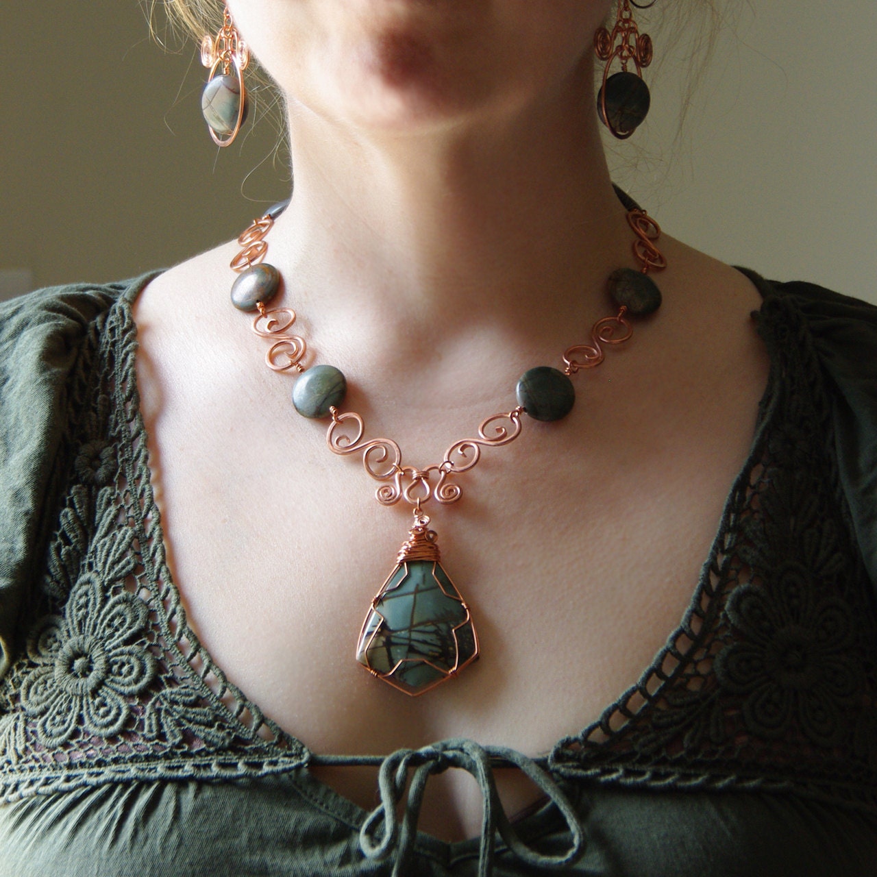Earthy Cool Grey Picture Jasper and Copper Spiral Bohemian Necklace, Elvish Inspired Necklace, Art Nouveau Gypsy Necklace