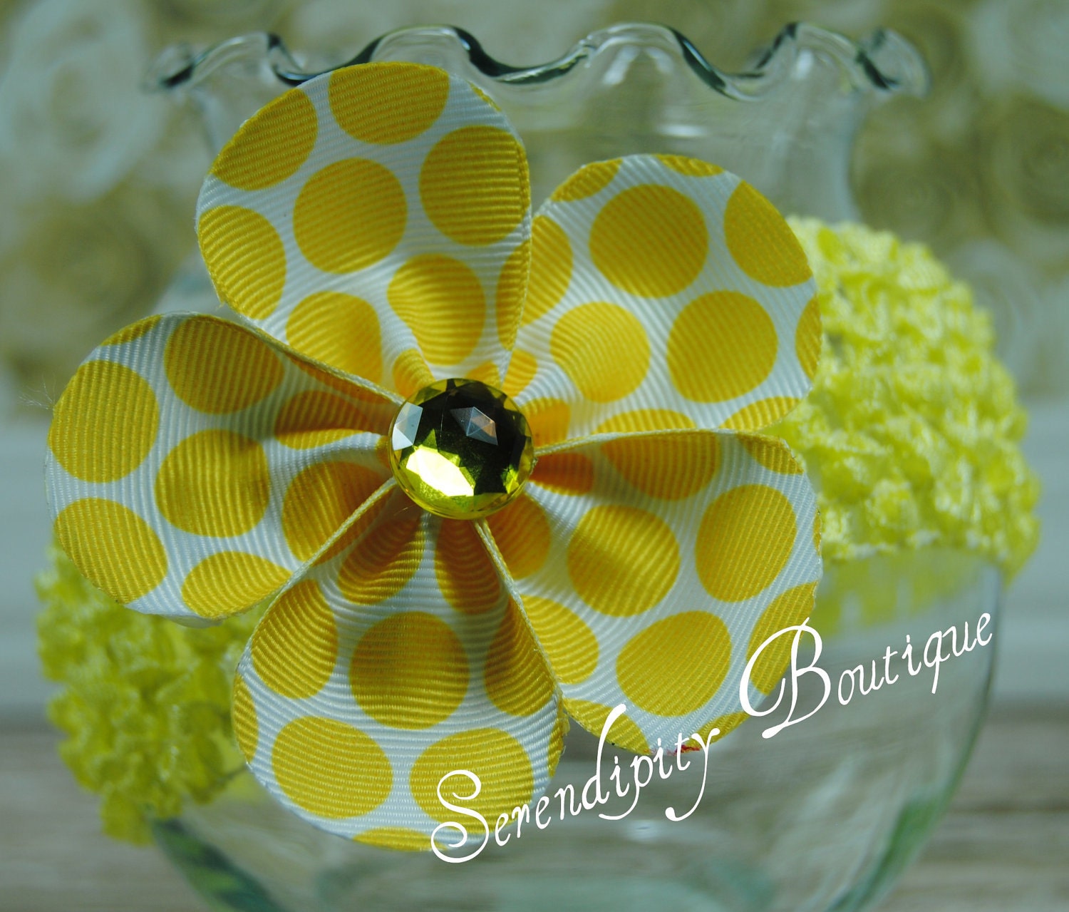 Yellow Polka Dot Petal Flower Girls Hair Bow with Matching Yellow Jewel Center