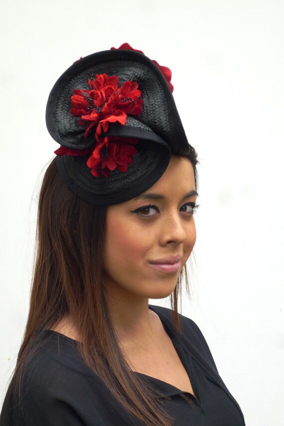 Couture black and red burlesque mini hat straw with vintage flowers on aliceband