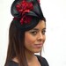 Couture black and red burlesque mini hat straw with vintage flowers on aliceband