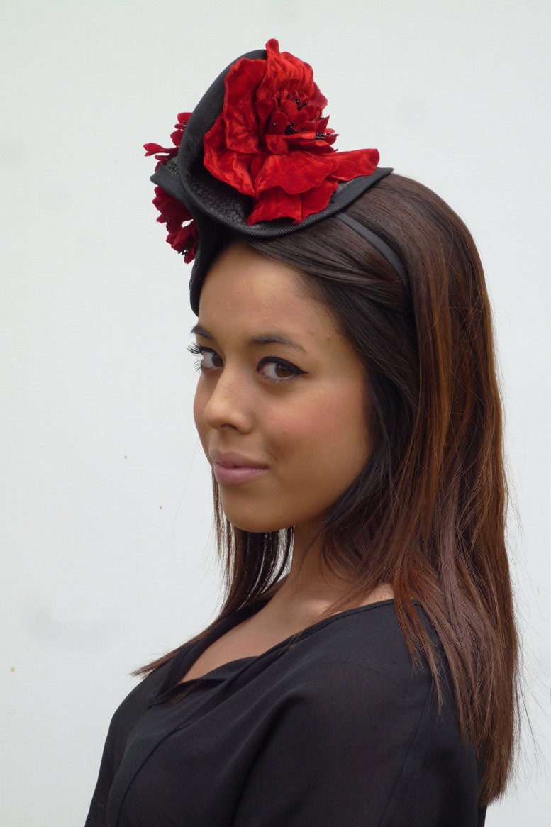 Couture black and red burlesque mini hat straw with vintage flowers on aliceband