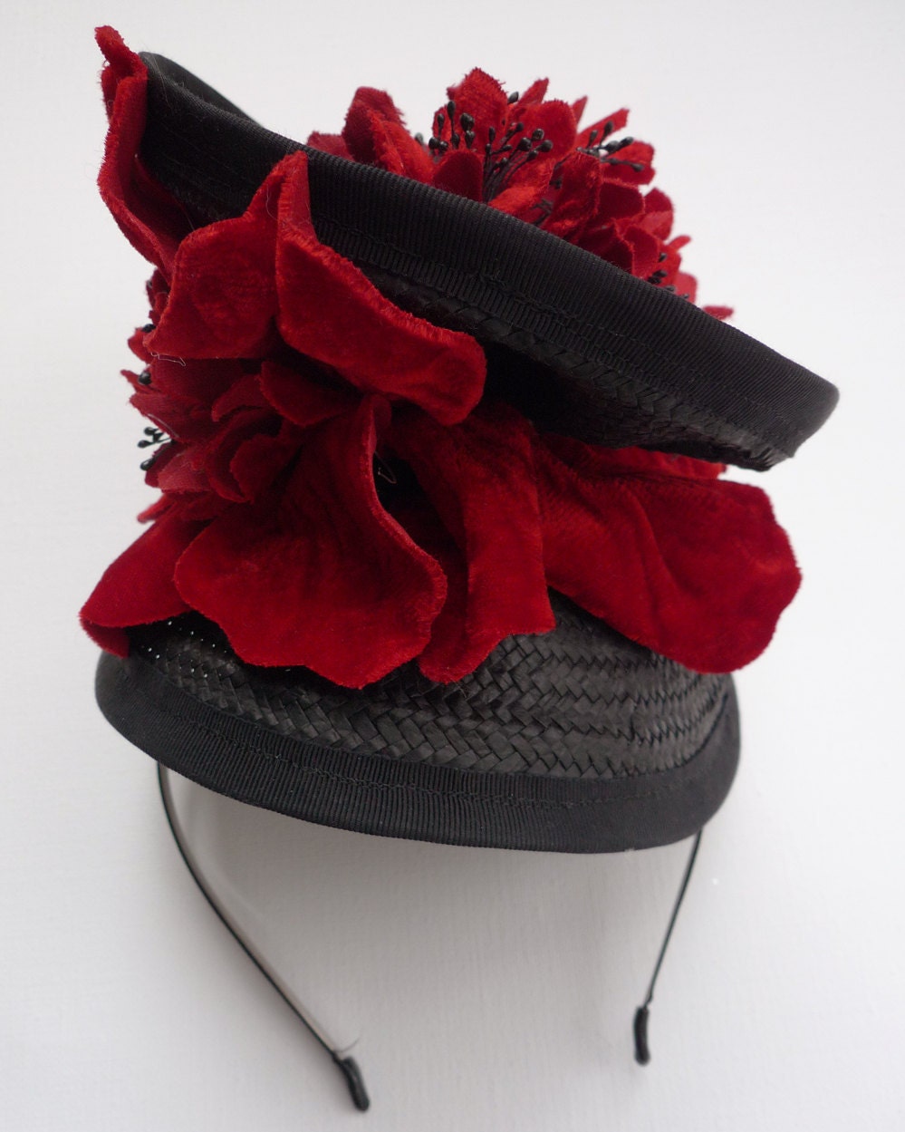 Couture black and red burlesque mini hat straw with vintage flowers on aliceband