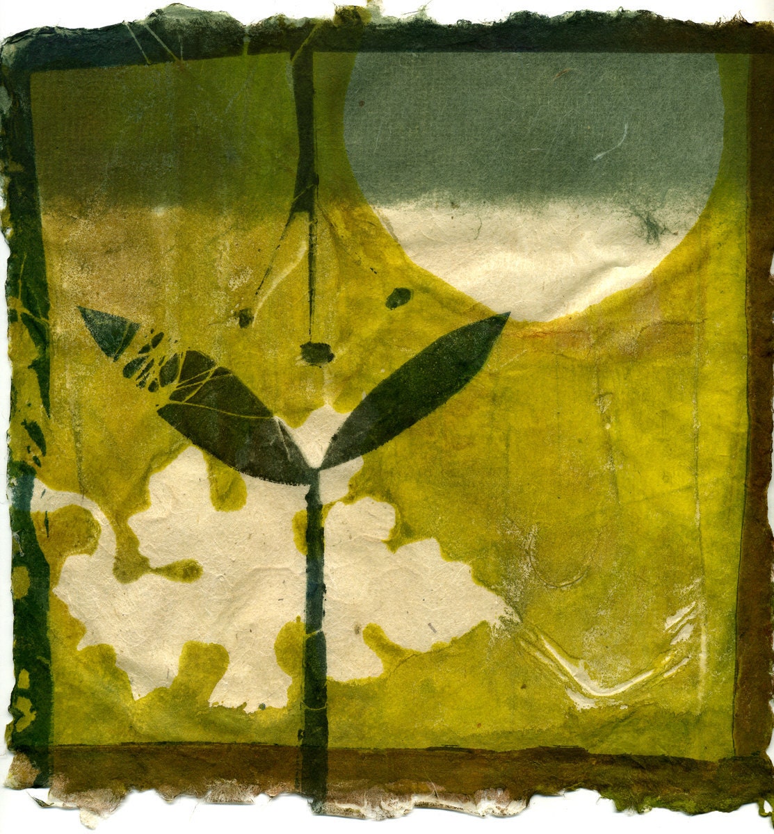 Secret Life of my Garden, ooak gelatin monoprint on handmade paper