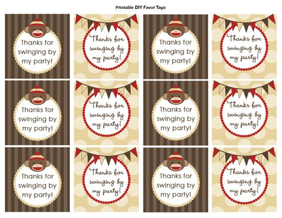 DIY Printable Sock Monkey Cupcake Toppers, Favor Tags and Water Bottle Labels Il_570xn