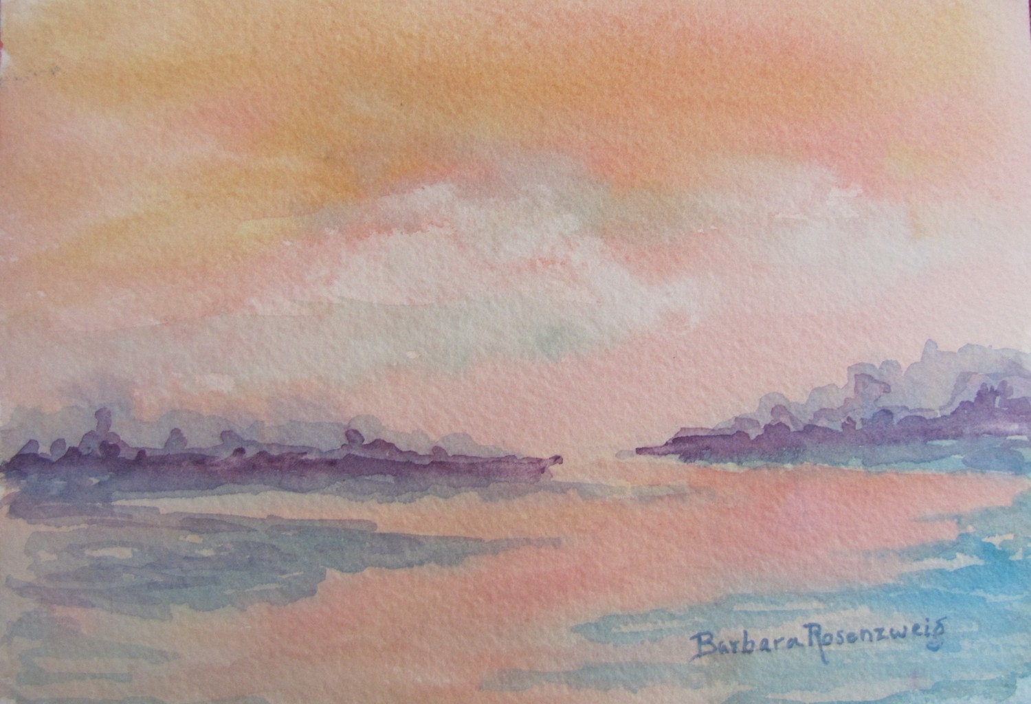 Sale Original Pink Sunset, Barbara Rosenzweig, Etsy, Watercolor Landscape Painting Art, Misty Surreal Fantasy