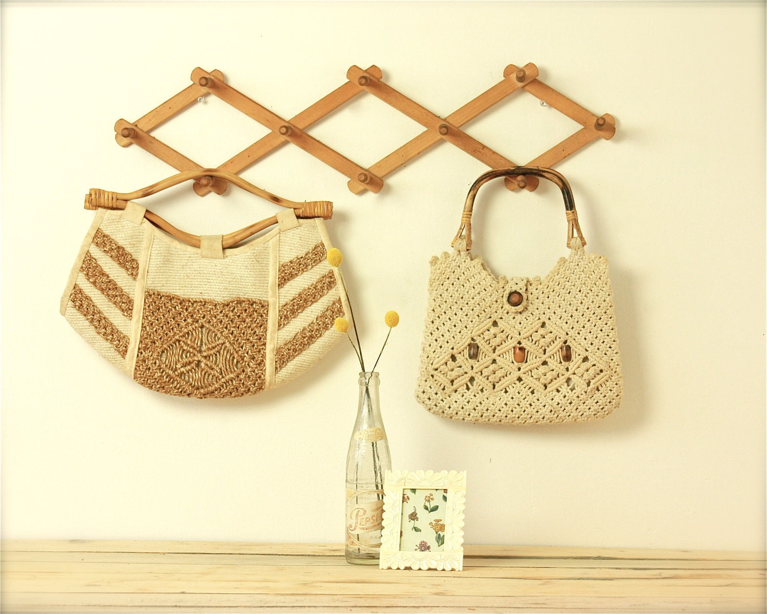 Items similar to vintage macrame purse 1970s bamboo handle on Etsy