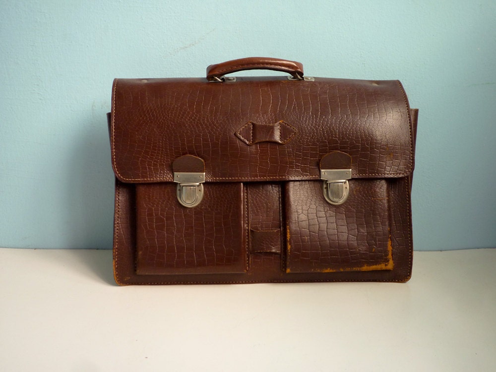 Vintage 70s satchel laptop bag briefcase brown burgundy leather