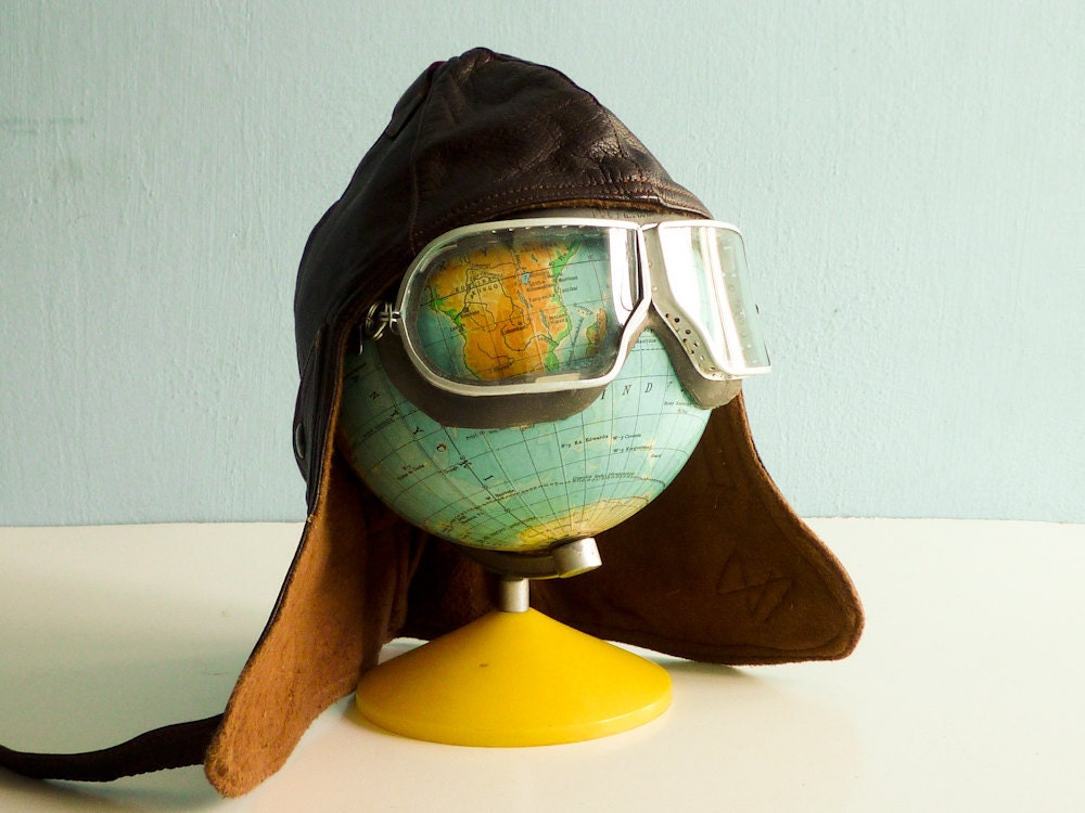 Vintage Leather Aviator Hat and Goggles by EuroVintage on Etsy