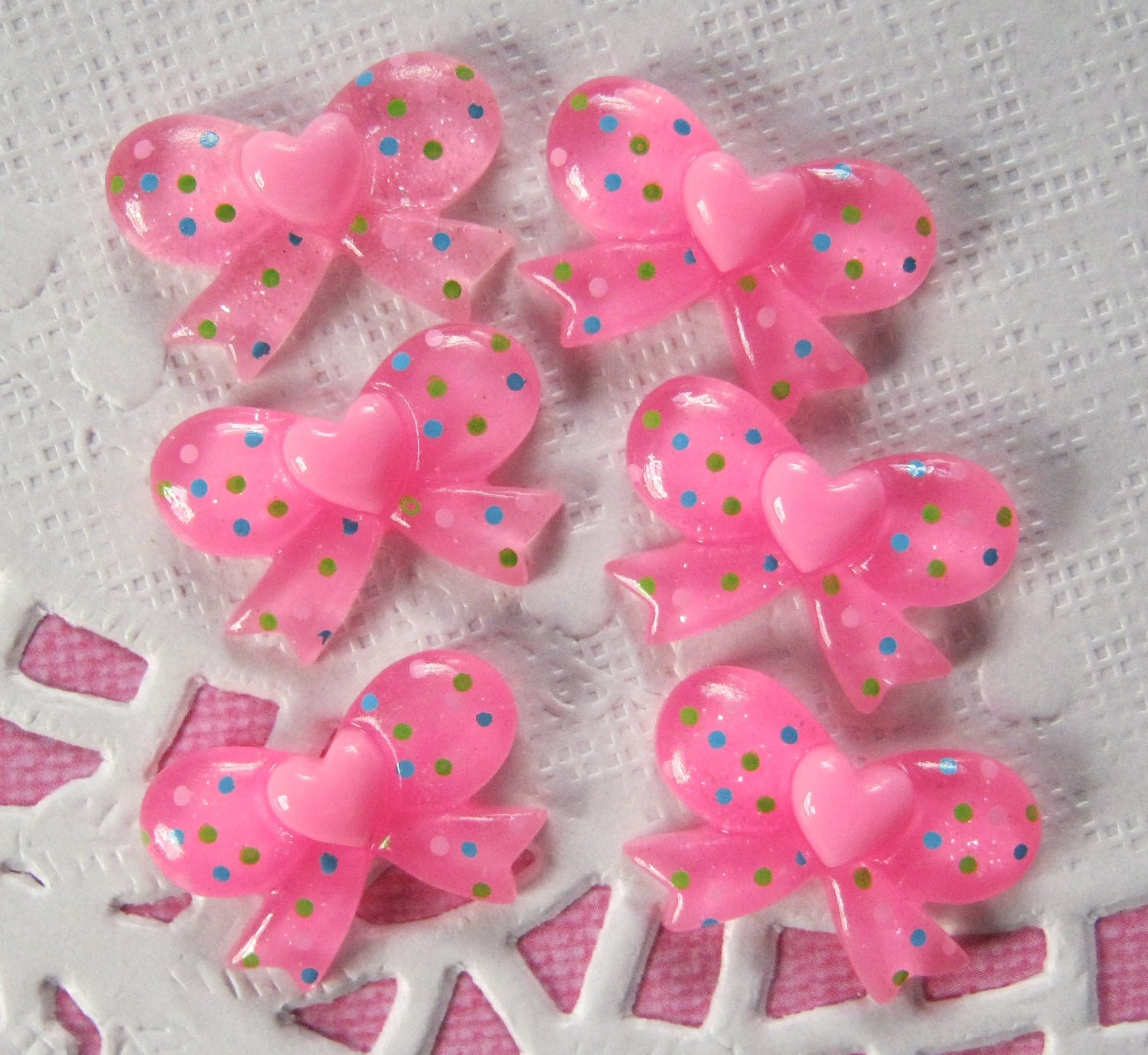 6Pcs Pink Confetti Heart Bow Cabochons - 21x15mm
