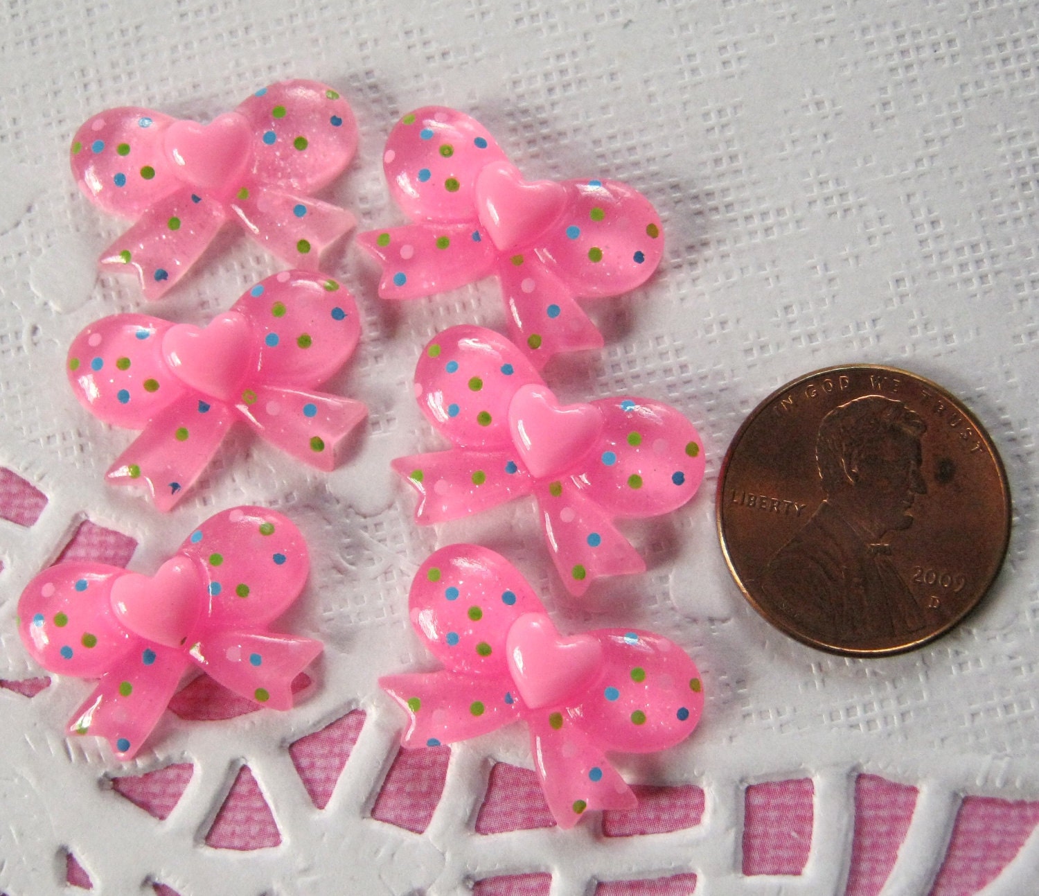 6Pcs Pink Confetti Heart Bow Cabochons - 21x15mm