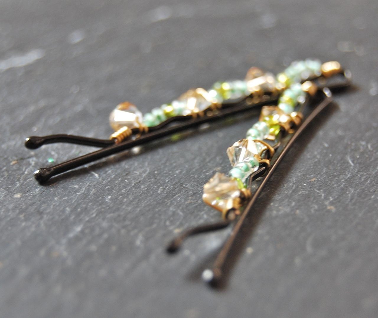 Bobby Pins  Wire Wrapped Green Seed Beads and Amber Swarovski Crystals Fashion LoveandCherish